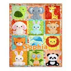 Customized Cute Animal Patchwork Blanket – Personalized Name – Gift for Kids, Baby, Mom, Grandma & Friends