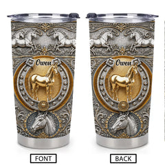 Customized Horse Engraved Thermos Cup - Personalized Name Stainless Steel Tumbler - Western Equestrian Gift For Horse Lovers
