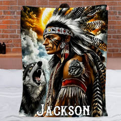 Personalized Wolf Spirit Blanket - Custom Name Native-Inspired Moonlight Blanket - Gift For Wolf Lovers