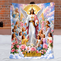 Personalized Jesus & Angels Throw Blanket - Custom Name Heavenly Christian Blanket - Faith Gift For Kids