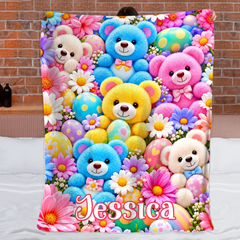 Personalized Colorful Teddy Bear Throw Blanket - Custom Name Floral Bear Blanket - Cute Gift For Kids