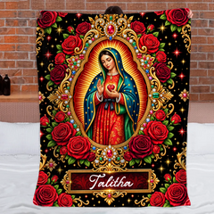 Personalized Our Lady of Guadalupe Blanket - Custom Name Sacred Heart & Rose Blanket - Meaningful Catholic Gift