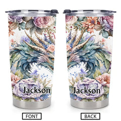 Floral Dragon Thermos Cup - Fantasy Dragon & Bloom Insulated Cup - Gift For Dragon Lovers