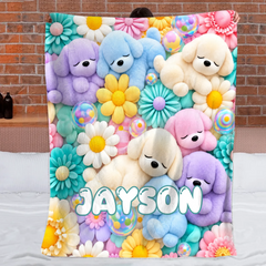 Personalized Flower Puppy Blanket โ Custom Name Cute Soft Floral Puppy Throw Blanket โ Gift For Kids Girls Birthday