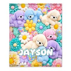 Personalized Flower Puppy Blanket โ Custom Name Cute Soft Floral Puppy Throw Blanket โ Gift For Kids Girls Birthday