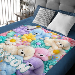 Personalized Flower Puppy Blanket โ Custom Name Cute Soft Floral Puppy Throw Blanket โ Gift For Kids Girls Birthday