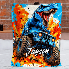Personalized Dinosaur Monster Truck Blanket โ Custom Name T-Rex Monster Truck Blanket โ Gift For Boys & Dinosaur Fans