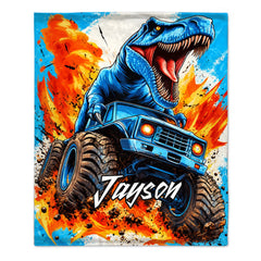 Personalized Dinosaur Monster Truck Blanket โ Custom Name T-Rex Monster Truck Blanket โ Gift For Boys & Dinosaur Fans