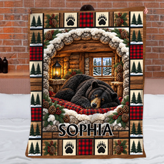 Personalized Sleeping Black Bear Blanket - Custom Name Cozy Winter Cabin & Rustic Plaid Blanket - Gift For Bear Lovers