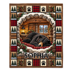 Personalized Sleeping Black Bear Blanket - Custom Name Cozy Winter Cabin & Rustic Plaid Blanket - Gift For Bear Lovers