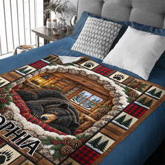 Personalized Sleeping Black Bear Blanket - Custom Name Cozy Winter Cabin & Rustic Plaid Blanket - Gift For Bear Lovers