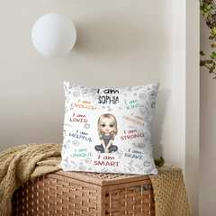 I Am Enough, Loved, Helpful, Unique, Smart - Personalized Cartoon Characters and Name Pillow - Gift for Kids, Children