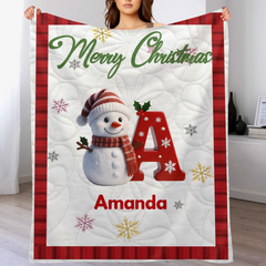 ⛄️Custom Christmas Blanket  - Personalized  Snowman Initial and Name - Christmas Gift