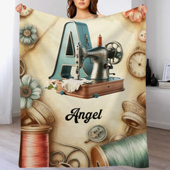 🧵Love Sewing Custom Blanket - Personalized Initial and Name - Gift for Sewing Enthusiast, Mom, Grandma
