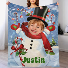 ⛄️Customized Snowman Blanket - Personalized Photos and Names Flannel Soft Blanket - Gift for Kids