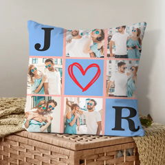 Customized Nine-grid Throw Pillow - Personalized 6 Photos Collage Initial Pillow - Anniversary Gift