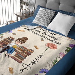 Customized Reading Girl Who Loves Books & Pets Birth Month Flower Blanket - Personalized Cartoon Characters and Name - Gift for Reading Lovers, Pet Owners