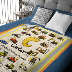 Custom Construction Alphabet Blanket – Personalized Truck Learning Blanket – Gift for Kids & Toddlers