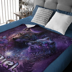 Galaxy Night Wolf Art Customized Blanket - Personalized Name - Gift For Wolf Lovers