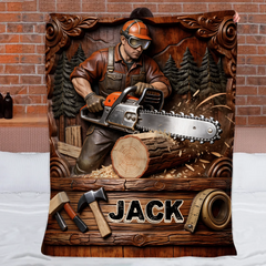 Customized Chainsaw Wood-Cutting Themed Blanket - Personalized Name - Gift For Lumbermen