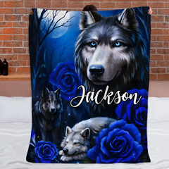 Dark Night Rose Flower Wolf Custom Blanket - Personalized Name - Gift For Friends, Wolf Lovers