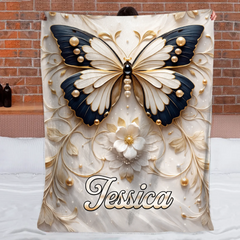 Customized Elegant Butterfly & Pearl Floral Blanket - Personalized Name - Gift For Wife, Friends