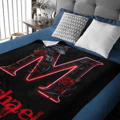 Wolf And Roses, Initial Customized Blanket - Personalized Name And Initial Letter - Gift For Him/Her