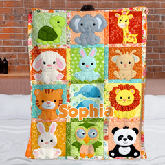 Customized Cute Animal Patchwork Blanket – Personalized Name – Gift for Kids, Baby, Mom, Grandma & Friends