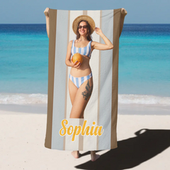 Personalized Multicolor Striped Photo Beach Towel - Custom Name Quick Dry Oversized Towel - Birthday Gift For Family & Pet Lovers