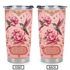 Personalized Hummingbird Floral Thermos Cup - Custom Name Purple & Pink Flower Cup - Gift For Her