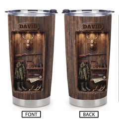 Personalized Hunting Deer Thermos Cup - Custom Name Wood Cabin Travel Mug - Gift For Hunters