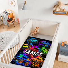 Personalized Graffiti Monster Truck Blanket - Custom Name Colorful Bigfoot Truck Plush Fleece Blanket - Gift For Boys & Kids
