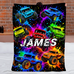 Personalized Graffiti Monster Truck Blanket - Custom Name Colorful Bigfoot Truck Plush Fleece Blanket - Gift For Boys & Kids