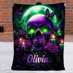 Personalized Purple Skull Blanket - Custom Name Moon, Rose & Butterfly Throw Blanket - Gift For Skull Lovers
