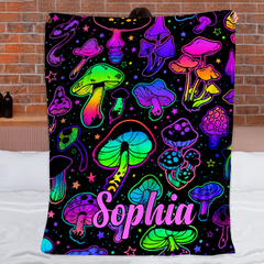 Personalized Psychedelic Mushroom Blanket - Custom Name Colorful Neon Mushroom Throw - Gift For Mushroom Lovers