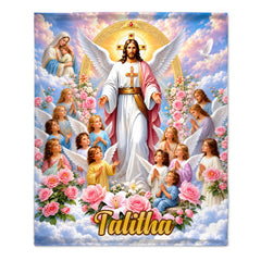 Personalized Jesus & Angels Throw Blanket - Custom Name Heavenly Christian Blanket - Faith Gift For Kids