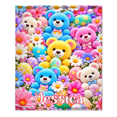 Personalized Colorful Teddy Bear Throw Blanket - Custom Name Floral Bear Blanket - Cute Gift For Kids
