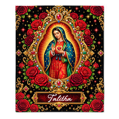 Personalized Our Lady of Guadalupe Blanket - Custom Name Sacred Heart & Rose Blanket - Meaningful Catholic Gift
