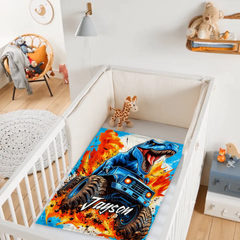Personalized Dinosaur Monster Truck Blanket – Custom Name T-Rex Monster Truck Blanket – Gift For Boys & Dinosaur Fans