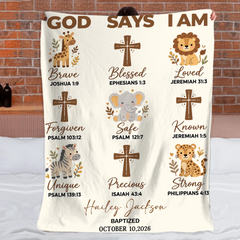 Personalized God Says I Am Christian Blanket – Custom Name & Baptism Date Bible Verse Safari Animals Blanket – Religious Baptism Gift For Kids