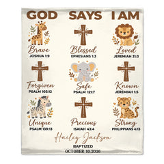 Personalized God Says I Am Christian Blanket – Custom Name & Baptism Date Bible Verse Safari Animals Blanket – Religious Baptism Gift For Kids