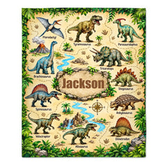 Personalized Dinosaur Adventure Blanket – Custom Name Prehistoric Dinosaur & Jurassic Jungle Blanket – Educational Birthday Gift For Kids & Dinosaur Lovers