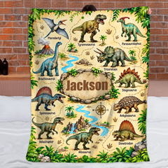 Personalized Dinosaur Adventure Blanket – Custom Name Prehistoric Dinosaur & Jurassic Jungle Blanket – Educational Birthday Gift For Kids & Dinosaur Lovers